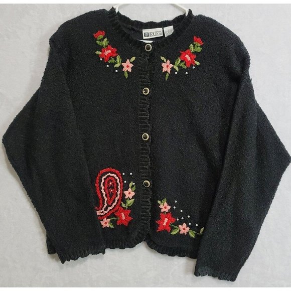 Vintage Russ Women's Button Front Sweater Cardigan Floral Pearls Black Size Lg - Picture 2 of 14
